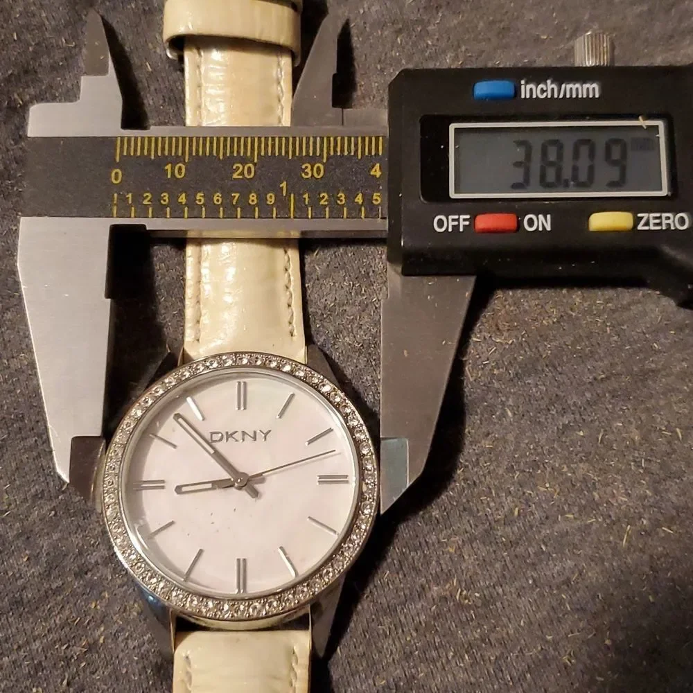 DKNY Silver Mother of Pearl & CZ Crystal Watch White Patent Band Donna Karan‎